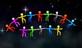 figura berwarna-warni berpegangan tangan di langit berbintang
