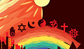 ο ήλιος λάμπει σε ένα ουράνιο τόξο που περιέχει σύμβολα πολλών θρησκειών