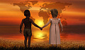 een zwart kind en een wit kind hand in hand kijkend naar een kaart van de aarde