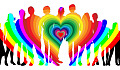 en gruppe mennesker som står i et regnbuet hjerte