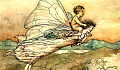 drawing of a woman and a child flying through the sky