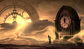un escenario místico con una mujer y un reloj antiguo