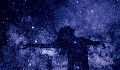 silhouette of a woman overlaid on a background of a starry galaxy