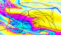 קווי מתאר של פניה של אישה מביטים מתחת לשמיכות עם קליידוסקופ רקע של צבעים