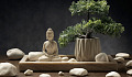 Buddha-Statuette mit Bonsai-Baum
