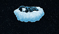 a caricature of someone sleeping on a cloud in the nighttime sky