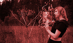 一個女人站在草地上看著鏡子，進行自我反省