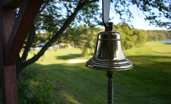 a bell or gong hanging from a tree