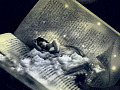γυναίκα που κοιμάται μέσα σε ένα γιγάντιο βιβλίο