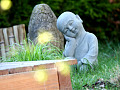 en lille statue i en zen-have