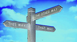Inlägg pekar i tre olika riktningar: Den här vägen, den vägen och den andra vägen