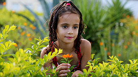 ung flicka i ett fält av växter och blommor