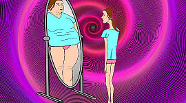 persoană slabă care vede o oglindă supraponderală