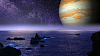 imaginea planetei Jupiter pe orizontul unui țărm oceanic stâncos