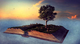 Billede af en åben bog, der flyder på himlen med et træ, der vokser ud af den åbne bog