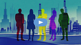 volorful silhouettes of 5 people with skyscrapers in the backgrounds