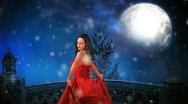 donna in un vestito rosso sotto la luce della luna piena