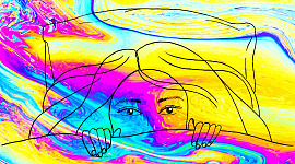 outline of a woman's face looking out from under the blankets with a background kaleidoscope of colors