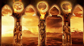 행성과 불을 들고 있는 그리스 신들의 동상.