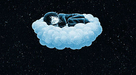 en karikatur af en person, der sover på en sky på nattehimlen
