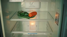 uma geladeira com apenas alguns pedaços de comida