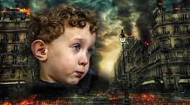 uma criança chorando diante da guerra, destruição e caos