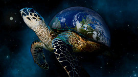 uma tartaruga nos céus com o planeta Terra como concha