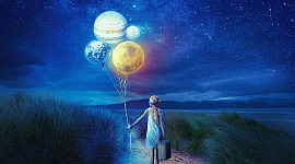 egy gyermek egy bőrönddel, aki útnak indul, és bolygókat ábrázoló léggömböket tart kezében