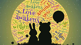 Winnie the Pooh and Rabbit sitting in front of a globe covered with the words Love awakens within me, etc.