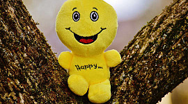 ένα φωτεινό κίτρινο βελούδινο παιχνίδι με ένα τεράστιο χαμόγελο και τη λέξη χαρούμενη γραμμένη στο σώμα του