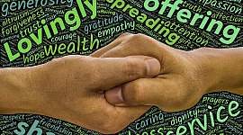 två händer som knäpper över en bakgrund av ord som vänlighet, kärleksfullt, erbjuda, dela, etc.