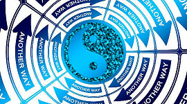 ein Yin-Yang-Symbol in der Mitte eines Kreises, der mit kreisförmigen Pfeilen gefüllt ist, mit den Worten "Ein anderer Weg" in jedem Pfeil