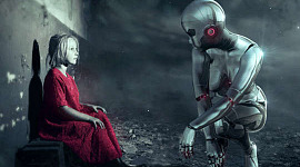 молодая женщина, одетая в красное, сидит на скамейке перед гигантским андроидом