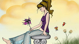 illustrasie van 'n jong vrou wat buite sit en 'n blom vashou