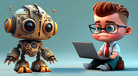 en tegning av en ung mann ved en bærbar datamaskin med en robot foran seg