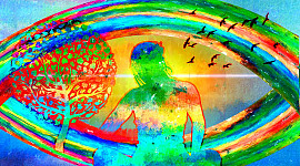 一幅水彩畫，描繪了一位坐在彩虹色眼睛中間冥想的女性