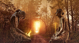 zwei sich gegenüberstehende Figuren in einem Waldgebiet vor einem Lichtportal