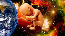 ein Bild des Planeten Erde mit einem Baby, das durch eine Nabelschnur mit ihm verbunden ist