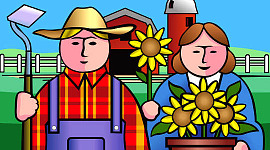 een boer en zijn vrouw, ze houdt een pot bloemen in bloei