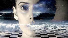女性の顔、波、チェス盤