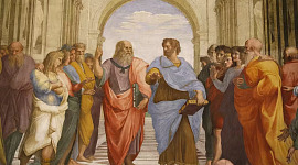 Aristoteles in 'n diskoers met Plato in 'n 16de eeuse fresko