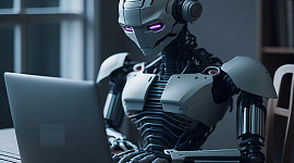 Roboter sitzt an einem Laptop und hält die Hände auf den Tasten