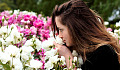 uma mulher cheirando um arbusto de rosas